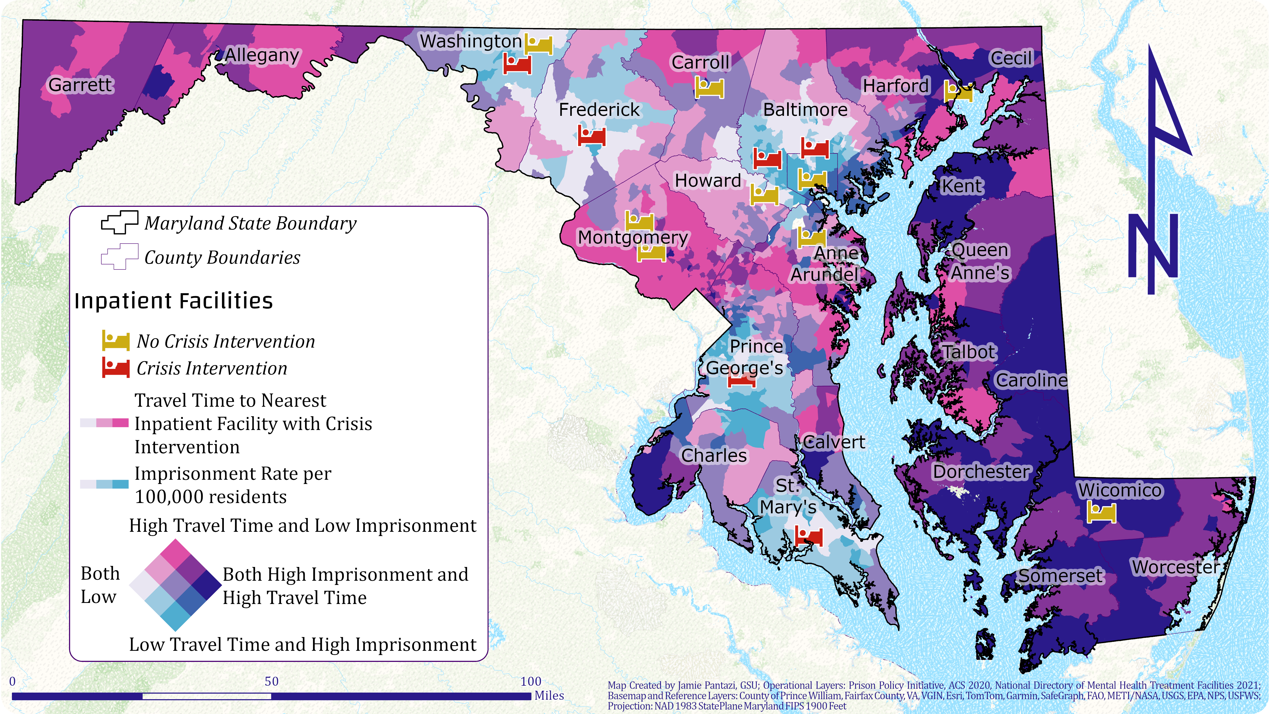A map of Maryland showing imprisonment rate and distance to inpatient mental health facilities with crisis intervention.