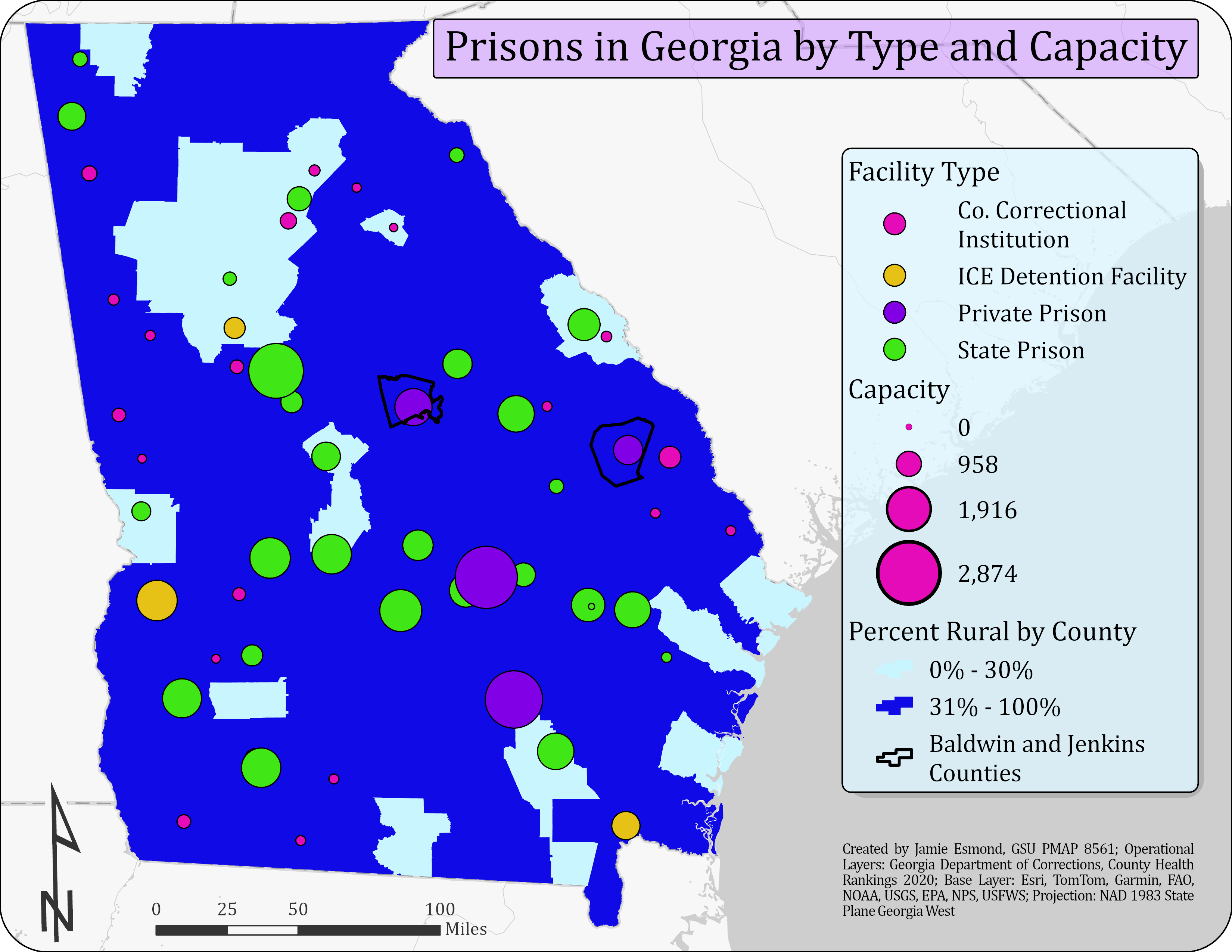 A map of Georgia showing the capacity and location of prisons, color coded to indicate type of facility.
