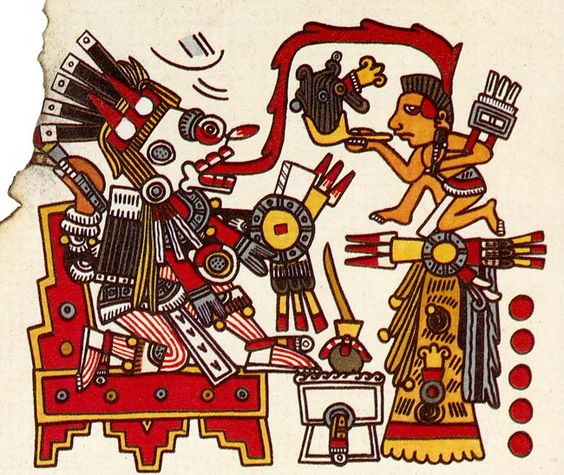 An image from the Codex Borgia showing a deity and human exchanging blood.