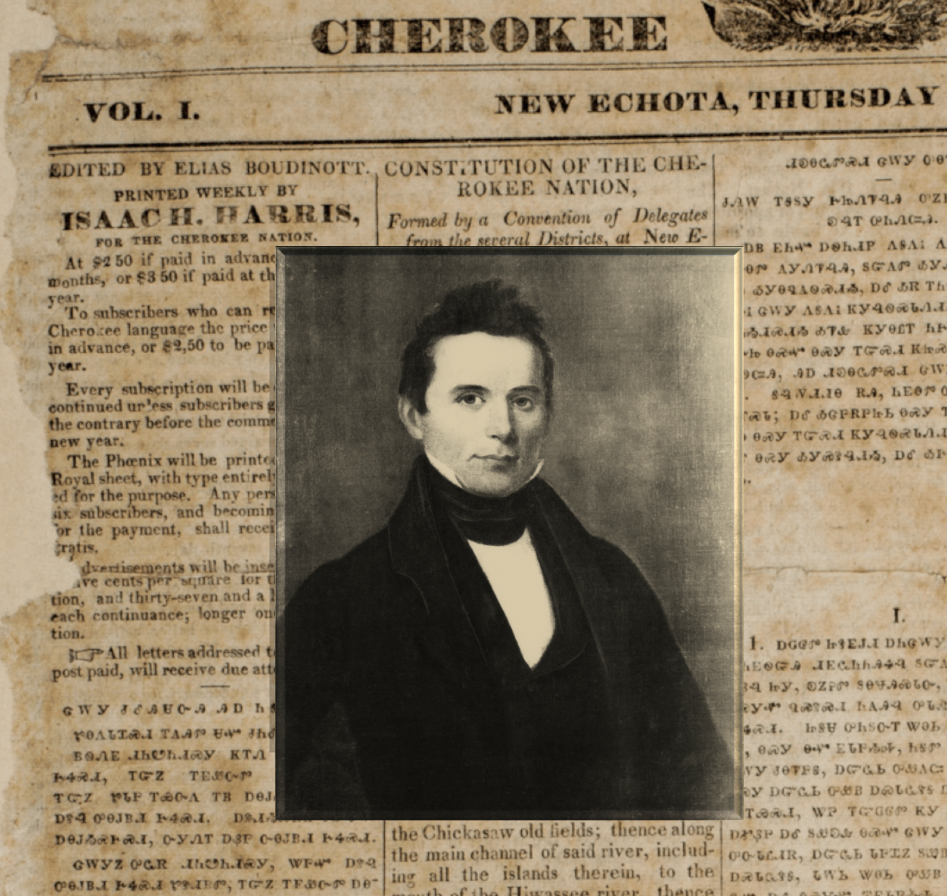 Portrait of Elias Boudinot with a Cherokee Phoenix newspaper backdrop.